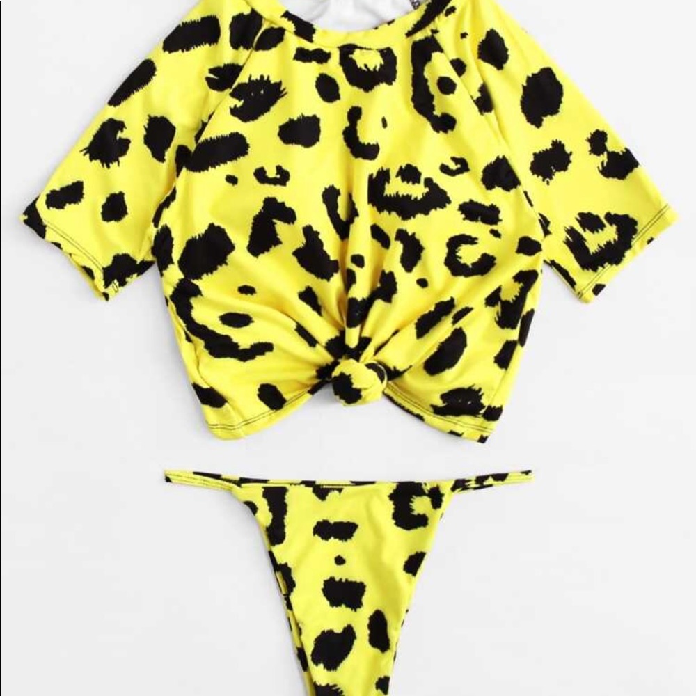 Leopard Knot Front Short Sleeve Tankini Set